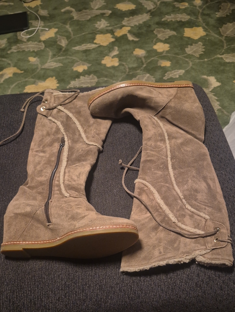 Over-The-Knee Suede Boots with Shearling Trim in Taupe